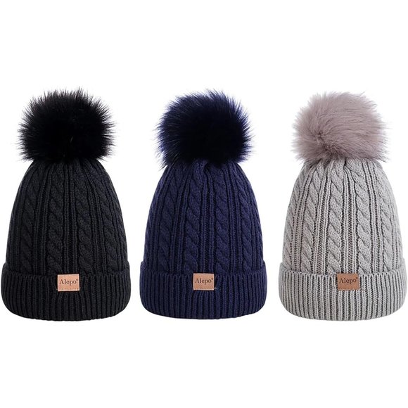 Kids Winter Beanie Children's Warm Fleece Lined Knit Thick Ski Cap with Pom - Picture 1 of 7